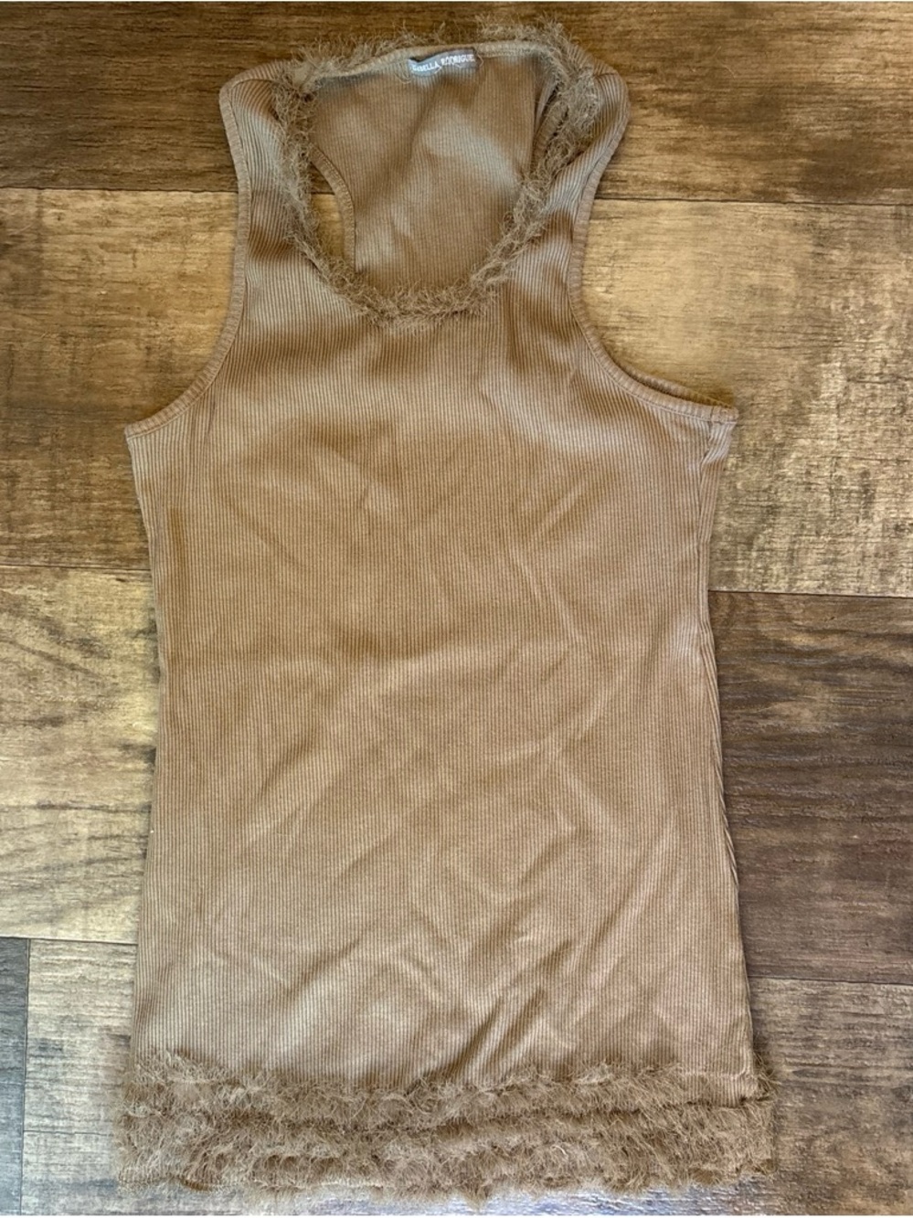 Khaki Ribbed Tank with Eyelash Trim